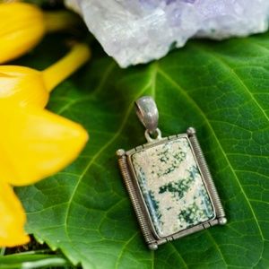 Rectangle Tree Agate Crystal Healing Stone 925 Sterling Silver Pendant